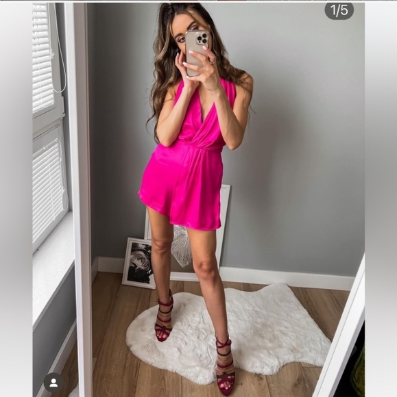 ZARA SATIN EFFECT SHORT JUMPSUIT ROMPER FUCHSIA Pink size L - Picture 4 of 12